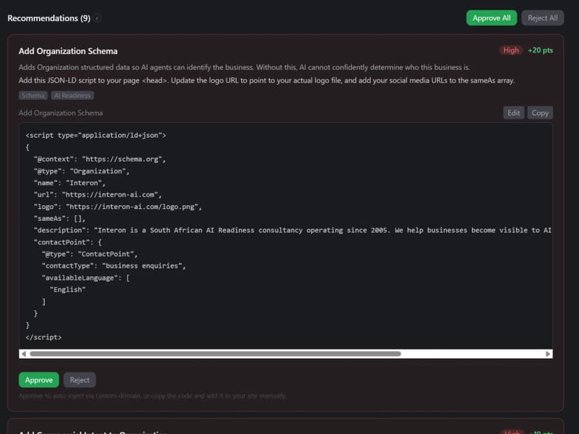 TIDUA fix recommendation with JSON-LD code snippet, approve and reject buttons, and expected point gain